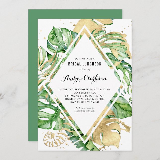 Tropical Leaves Gold Foil Summer Bridal Luncheon Invitation (Front/Back)