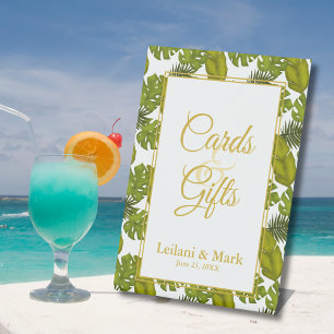Tropical Leaves Gold Frame Cards and Gifts Wedding Pedestal Sign