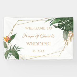 Tropical Leaves Gold Frame Watercolor Wedding Banner