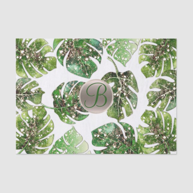 Tropical Leaves Gold Glitter Chic Monogram Initial Tissue Paper (Front)