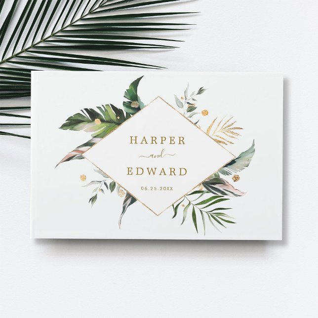Tropical Leaves Gold Green Wedding Guest Book (Creator Uploaded)