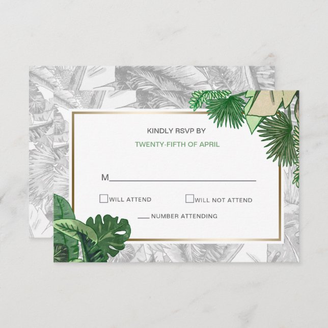 tropical leaves gold  greenery botanical rsvp invitation (Front/Back)