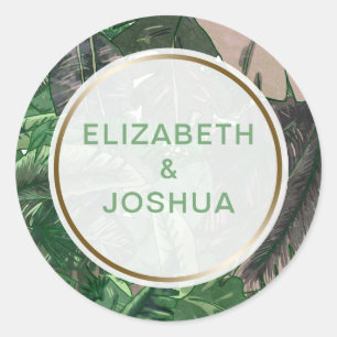 tropical leaves gold greenery botanical wedding classic round sticker