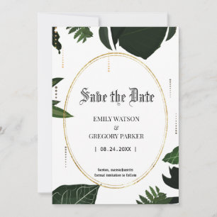 Tropical leaves, gold save the date