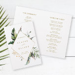 Tropical Leaves Gold Wedding Ceremony Program<br><div class="desc">This wedding ceremony program features watercolor green tropical foliage,  palm tree leaf,  banana leaf with a gold diamond shape frame.  It's perfect for a beach or destination wedding.  NOTE: You will need to fold them in half when they arrive. >>> Check out the entire collection >>> https://www.zazzle.com/collections/tropical_foliage_gold_collection-119316977990783186</div>