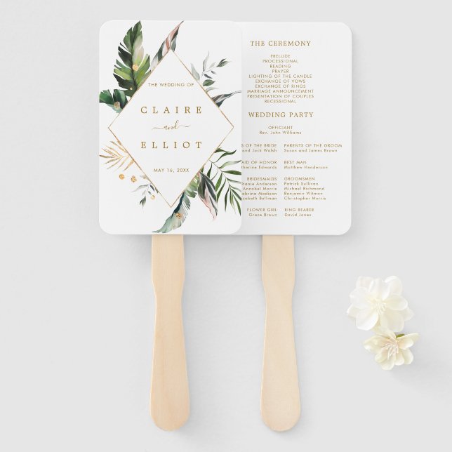 Tropical Leaves Gold Wedding Ceremony Program Hand Fan (Front and Back)