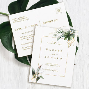 Tropical Leaves Gold Wedding Save the Date Announcement Postcard