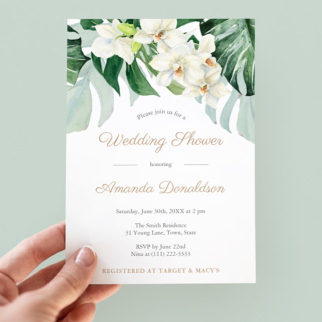 Tropical Leaves Green And Gold Bridal Shower Party Invitation (Tropical Greenery Monstera Leaves Wedding Shower Invitations)