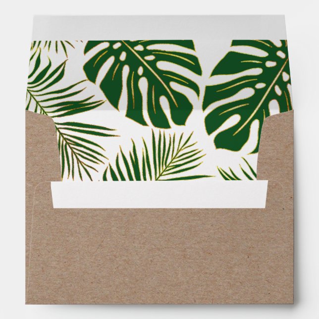 Tropical leaves green and gold rustic wedding envelopes (Back (Bottom))