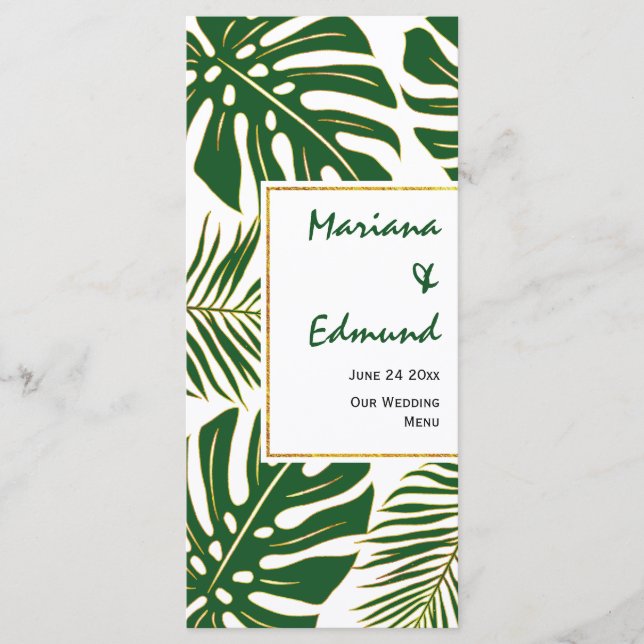 Tropical leaves green and gold wedding menu card (Front)