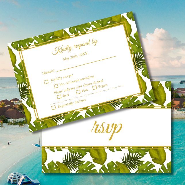 Tropical Leaves Green and Gold Wedding RSVP Card (Creator Uploaded)