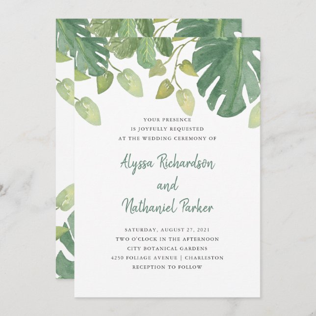 Tropical Leaves | Green and White Wedding Invitation (Front/Back)