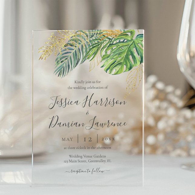 Tropical Leaves Green Gold Foliage Wedding Acrylic Invitations (Creator Uploaded)