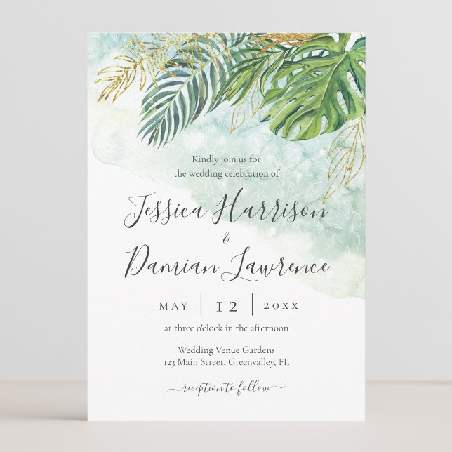 Tropical Leaves Green Gold Foliage Wedding Invitation (Creator Uploaded)