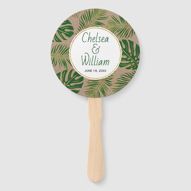 Tropical leaves green gold wedding rustic hand fan (Front)