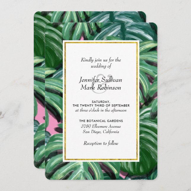 Tropical Leaves Green & Lush Wedding Invitation (Front/Back)