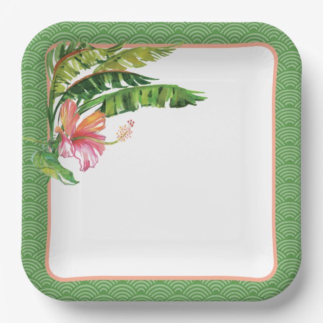 Tropical Leaves Green Pink Floral Paper Plate (Front)
