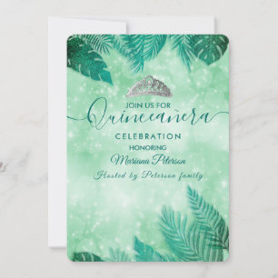 Tropical leaves green tiara summer Quinceañera Invitation