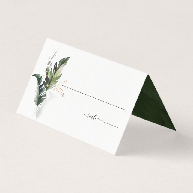 Tropical Leaves Green Wedding Place Card (Front)