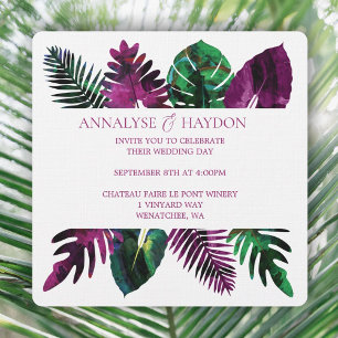 Tropical Leaves Green, Wild Berry Pink Wedding Invitation
