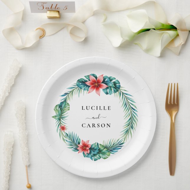 Tropical Leaves Greenery Wreath Garden  Wedding Paper Plate (Wedding)
