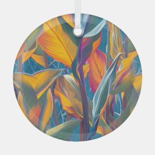 Tropical leaves, grunge concrete wall. glass tree decoration