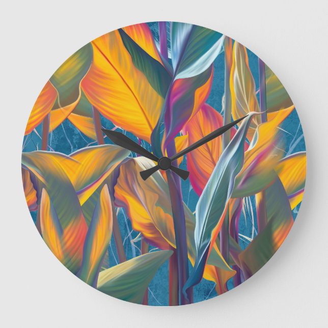 Tropical leaves, grunge concrete wall. large clock (Front)