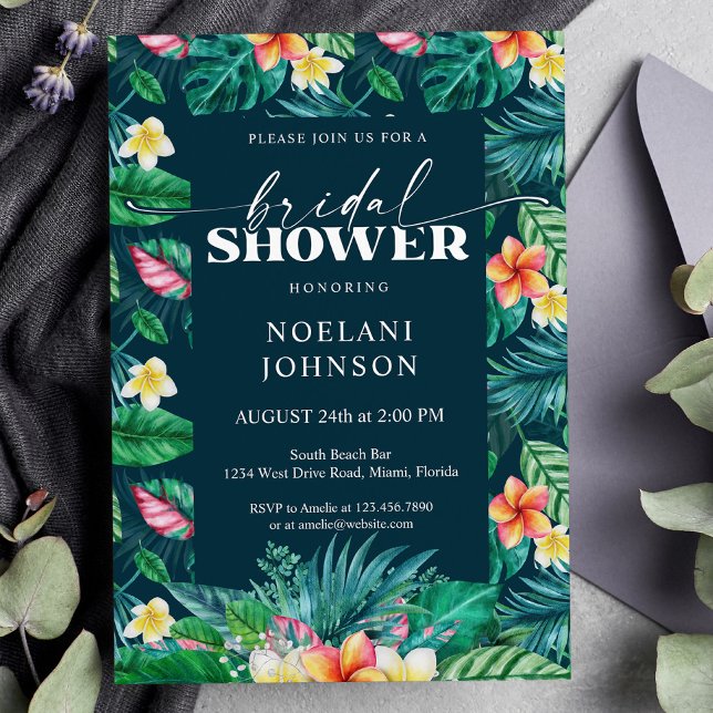 Tropical Leaves Hawaiian Floral Bridal Shower Invitation (Creator Uploaded)