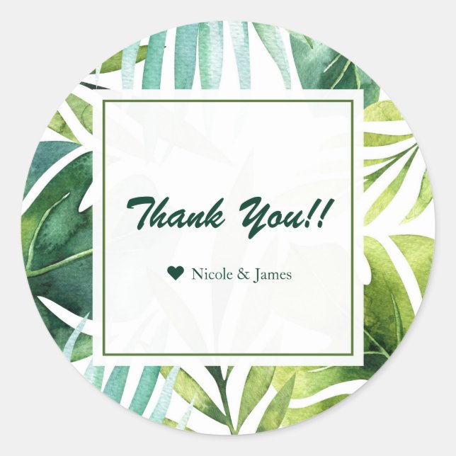 Tropical Leaves Hawaiian Summer Wedding Favour Classic Round Sticker (Front)