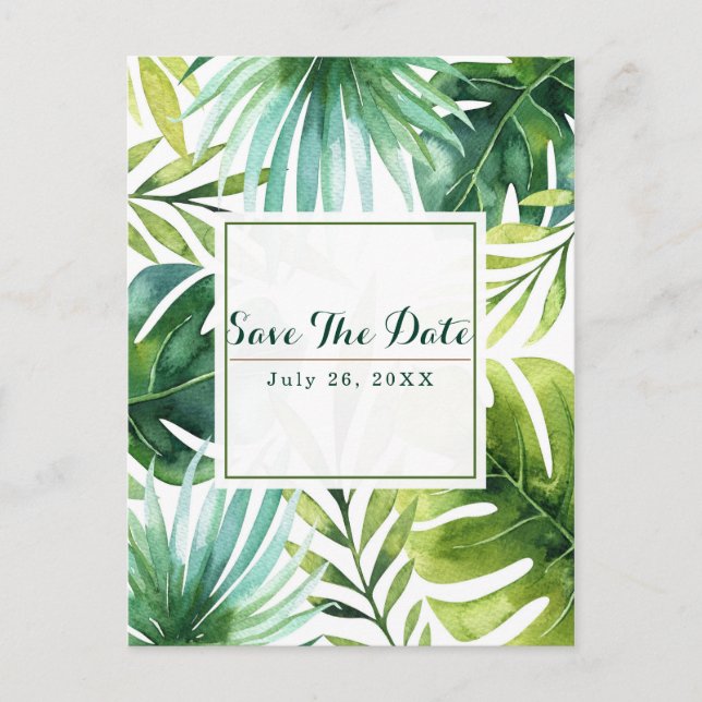 Tropical Leaves Hawaiian Wedding Save the Date Announcement Postcard (Front)