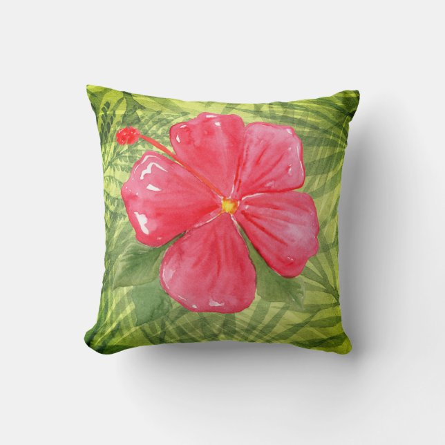Tropical Leaves & Hibiscus Cushion (Front)