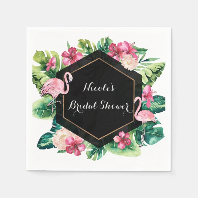 Tropical Leaves Hibiscus Flamingos Elegant Party Napkin (Front)