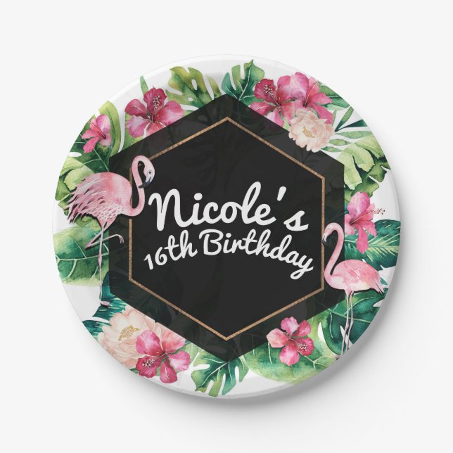 Tropical Leaves Hibiscus Flamingos Elegant Party Paper Plate (Front)