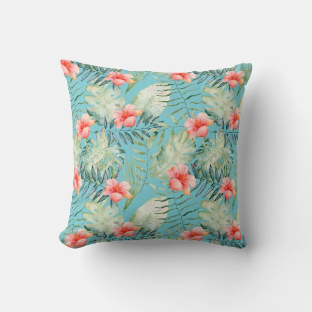 Tropical Leaves Hibiscus Floral Aqua Watercolor Cushion (Front)