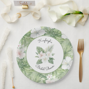 Tropical Leaves Hibiscus Floral Bridal Shower Paper Plate