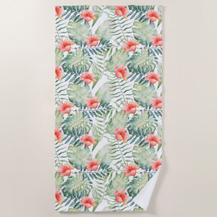 Tropical Leaves Hibiscus Floral Watercolor Beach Towel