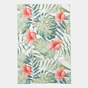 Tropical Leaves Hibiscus Floral Watercolor Tea Towel