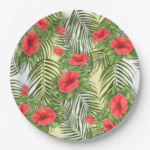 Tropical Leaves & Hibiscus Round Paper Plates