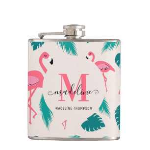 Tropical Leaves Hot Pink Flamingo Modern Monogram Hip Flask