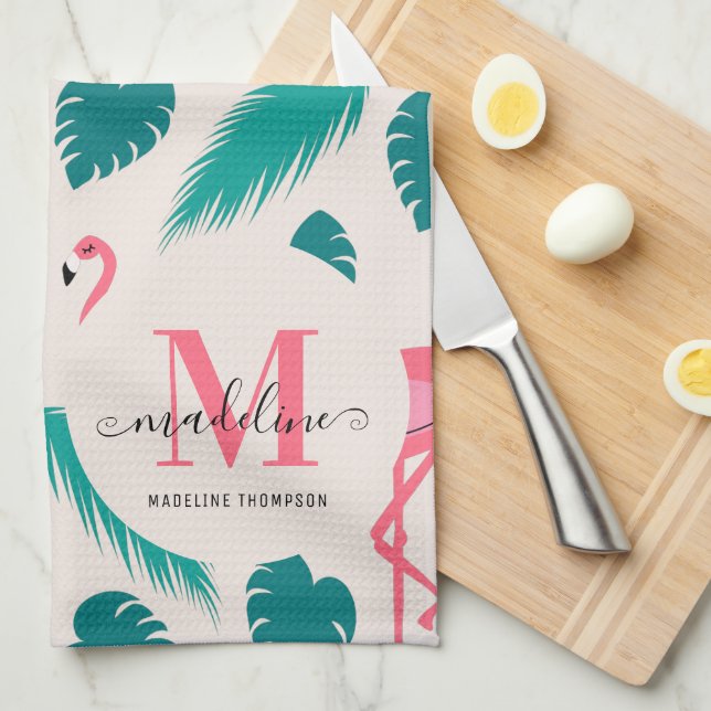 Tropical Leaves Hot Pink Flamingo Modern Monogram Tea Towel (Quarter Fold)
