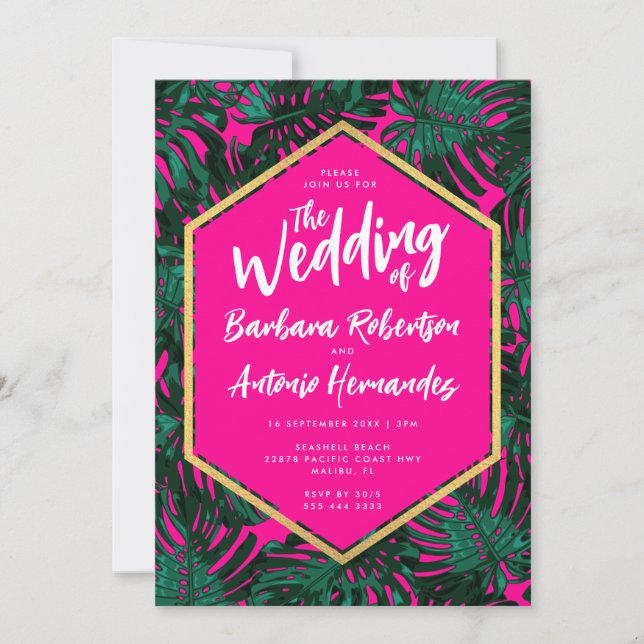 Tropical Leaves Hot Pink Green Wedding Invitation (Front)