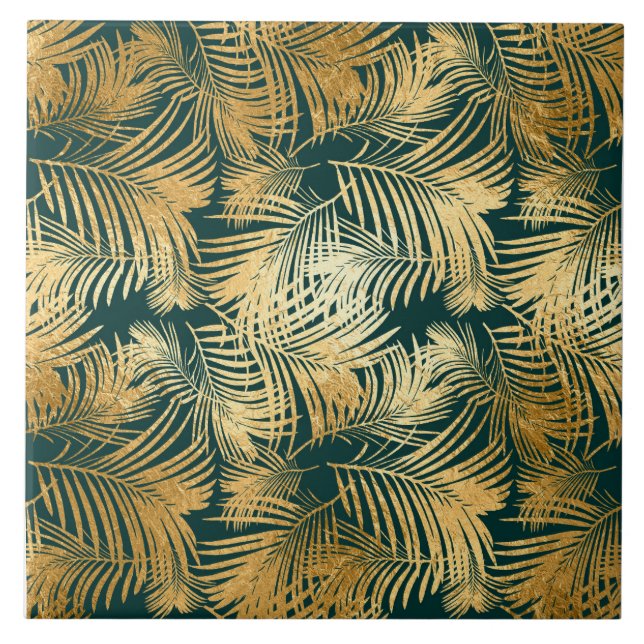 Tropical Leaves In Beautiful Gold On Green Tile (Front)