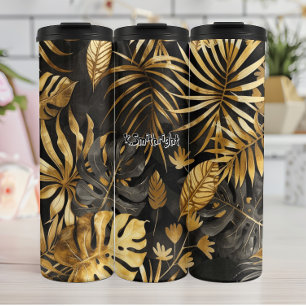 Tropical Leaves in Black and Gold Thermal Tumbler