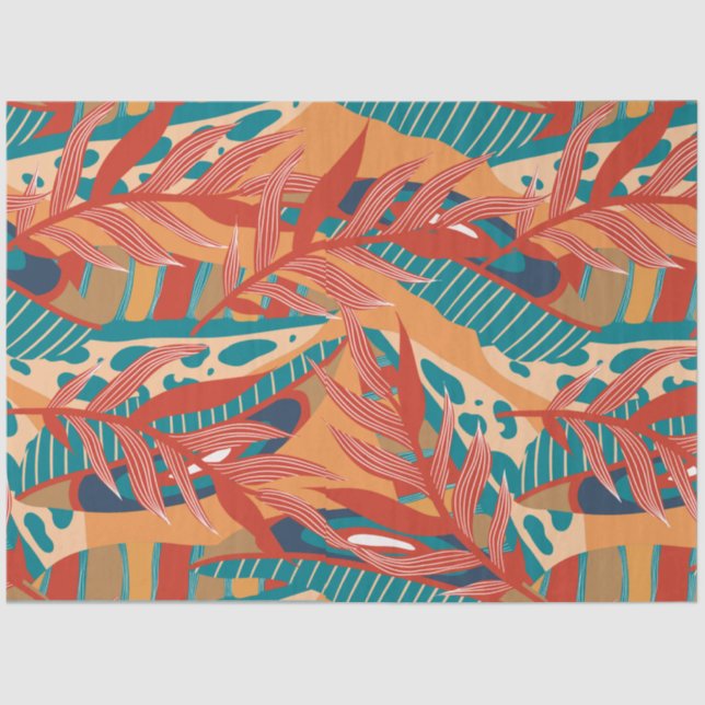 Tropical Leaves in Teal, Red, Orange  Tissue Paper (Front)