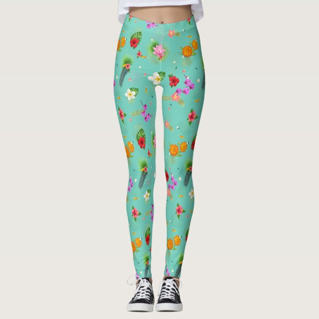 Tropical Leaves in Turquoise Leggings (Front)