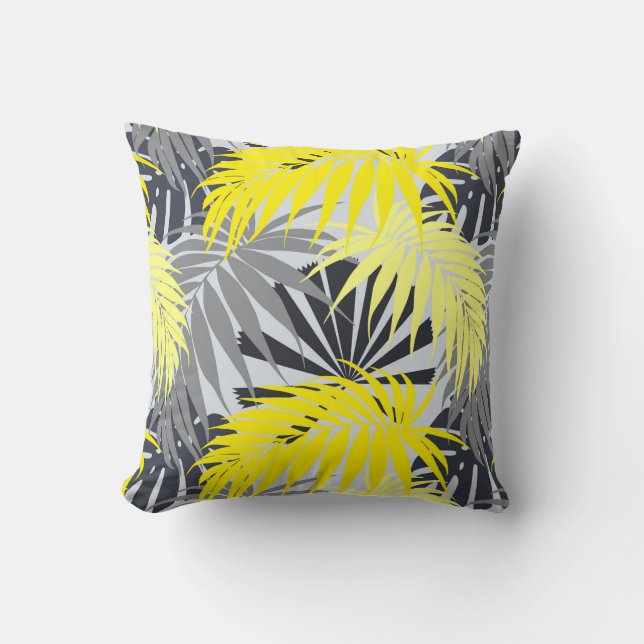 Tropical Leaves in Yellow and Gray Cushion (Front)