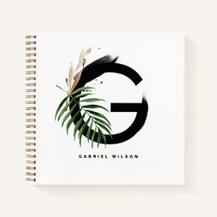 Tropical Leaves Letter G Monogram Personalised Notebook