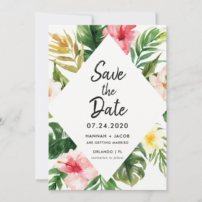 Tropical Leaves Luau Wedding Save The Dates Cards (Front)