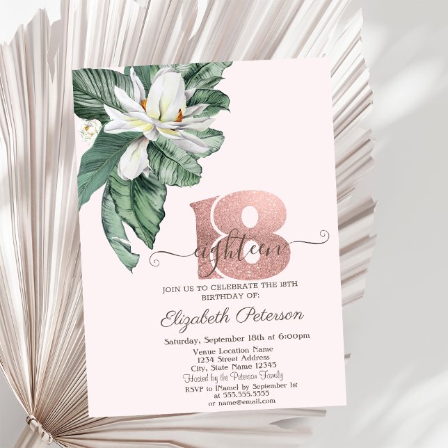 Tropical Leaves Magnolia Pink 18th Birthday   Invitation (Creator Uploaded)
