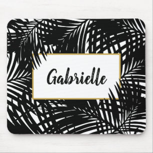 Tropical Leaves Modern Black and White Mouse Pad